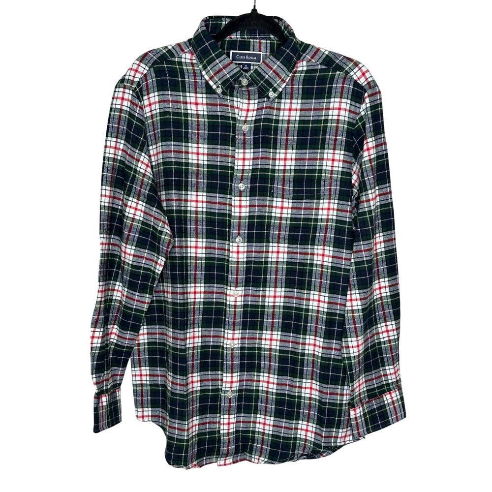 Club Room NWT Red Green Plaid Flannel Button-Up Shirt Party Holidays Winter M
